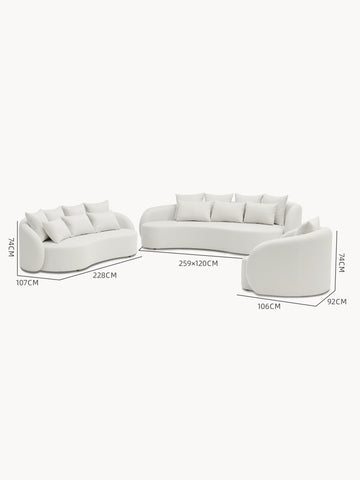Santorini Garten Loungesofa Set (6-Sitzer): Weißes, dreiteiliges, gebogenes Sofa mit unterschiedlichen Modulen; links (228x107x74 cm), Mitte (259x120 cm), rechts (106x92x74 cm). Hochwertige Outdoor-Ästhetik und Funktionalität von Finqa GmbH.