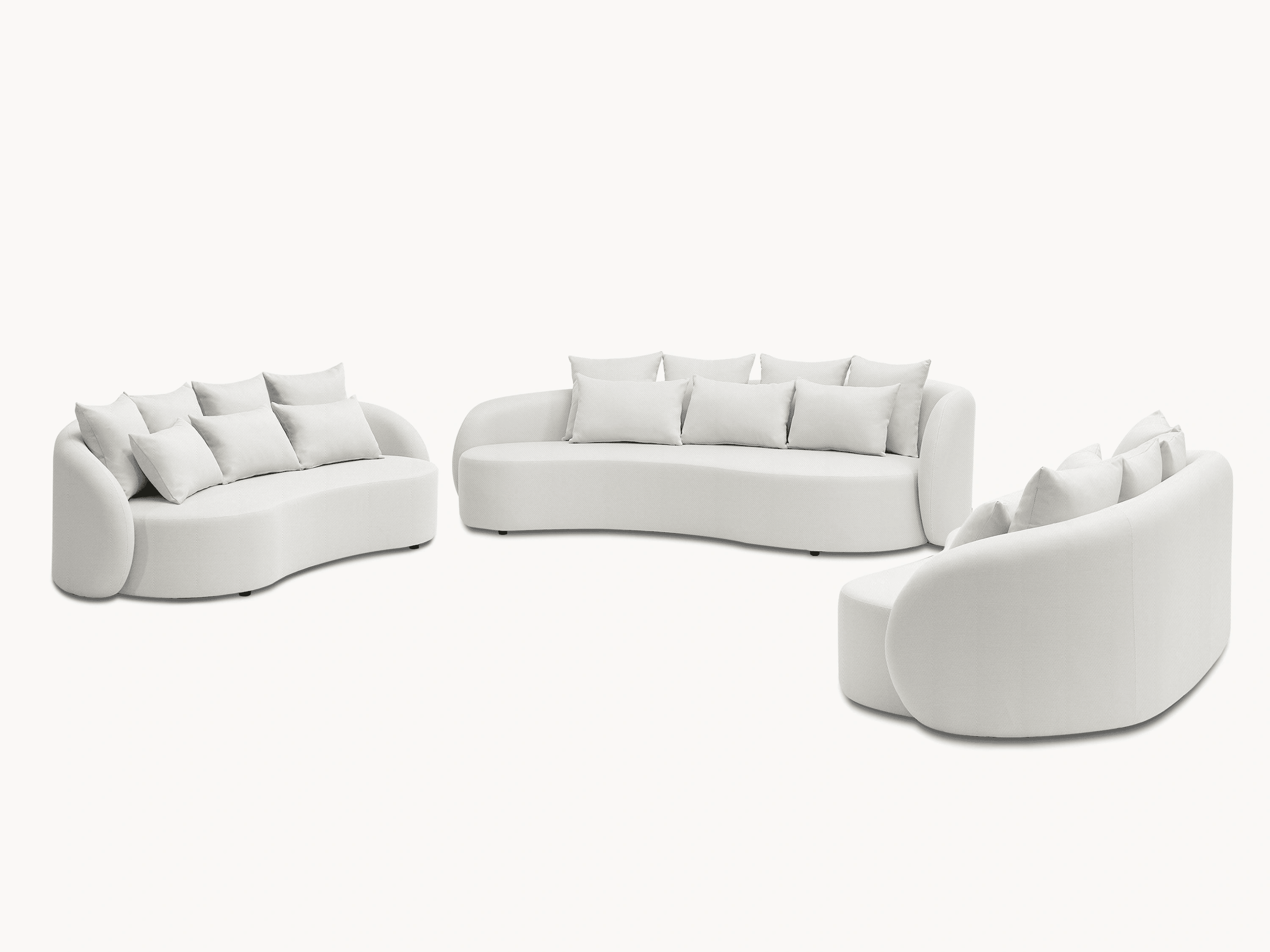 Santorini Garten Loungesofa Set mit weißen, glatten Linien und modularen Elementen, inspiriert vom mediterranen Stil, ideal für flexible Outdoor-Gestaltungen.