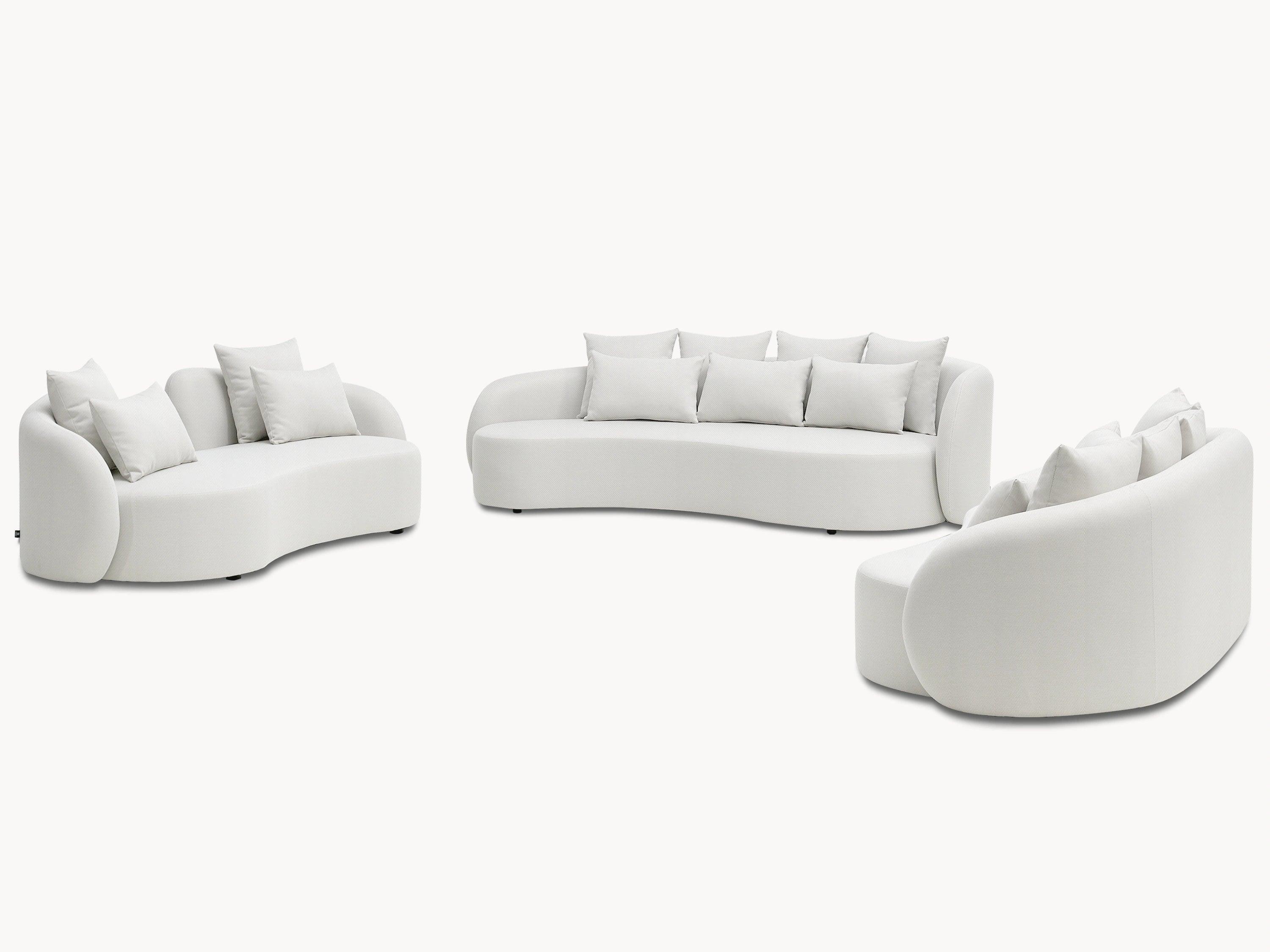 Santorini Garten Loungesofa Set mit modularen, weißen Möbelstücken, inspiriert von mediterranen Linien, bietet vielseitige Kombinationsmöglichkeiten für elegante und komfortable Outdoor-Entspannungsbereiche.