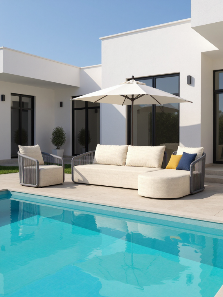 Kapalai Garten Loungesofa Set (5-Sitzer) auf moderner Poolterrasse, minimalistisch gestaltet mit blauen und gelben Kissen, neben passendem Sessel und großem weißen Sonnenschirm, vor zeitgenössischer Hausfassade.