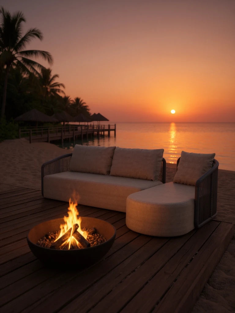 Kapalai Garten Loungesofa Set (4-Sitzer) auf Holzdeck mit Feuerstelle, bietet stilvolle Entspannung am Strand bei Sonnenuntergang, mit anpassbaren, eleganten Elementen für flexible Outdoor-Gestaltung.