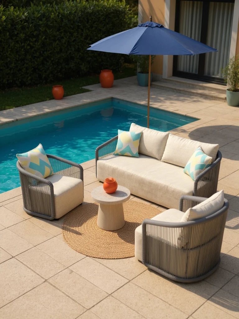 Kapalai Garten Loungesofa Set (4-Sitzer) neben Pool; umfasst Sofa, zwei Sessel mit hellen Kissen, runden Tisch mit Vase, unter blauem Sonnenschirm. Perfekte Mischung aus Stil und Entspannung.