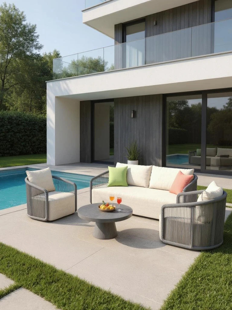 Kapalai Garten Loungesofa Set (4-Sitzer) auf gepflasterter Terrasse, bestehend aus einem dreisitzigen Sofa und zwei Sesseln mit hellen Kissen, rundem Tisch, Obstplatte und Getränken.