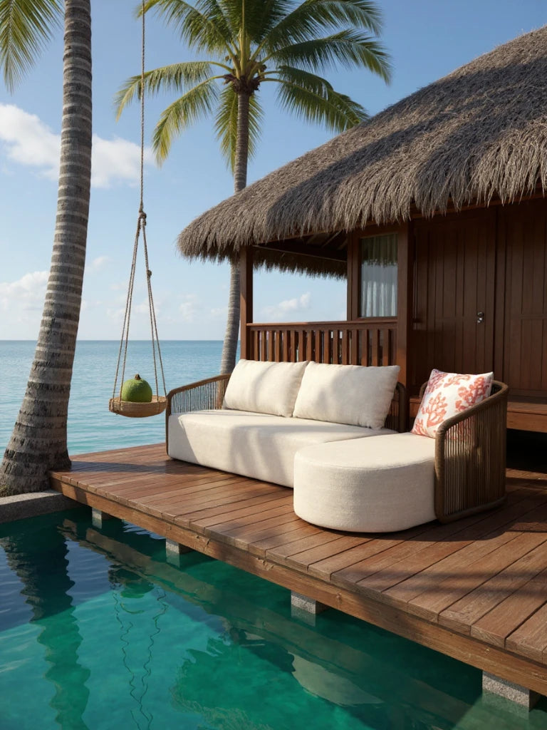 Kapalai Garten Loungesofa Set (4-Sitzer) auf Holzdeck über türkisfarbenem Wasser; cremefarbenes, gepolstertes Sofa mit Korallenmuster-Kissen, passende Hocker und Palmen im Hintergrund.