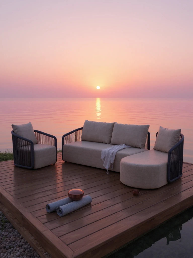 Kapalai Garten Loungesofa Set (5-Sitzer) auf einer Holzterrasse am Wasser, mit beige Kissen, armloser Lounge, passendem Sessel, und leichten Decke, verkörpert stilvolle Entspannung und modulare Flexibilität von Finqa.