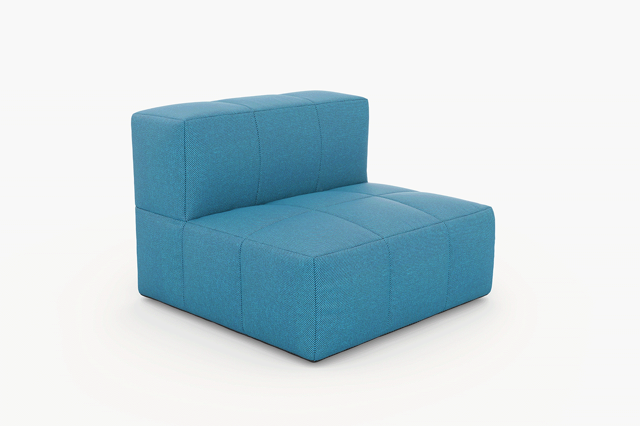 Marshmallow Modular Sofa Set (6-Sitzer) von Finqa: Detailansicht eines blauen Sofas, inspiriert von Marshmallows, zeigt hochwertige, wetterfeste Materialien und modulare Elemente für individuelle Gestaltung.