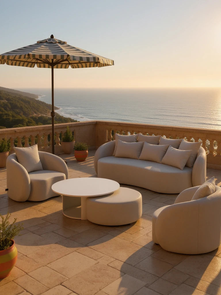 Santorini Garten Loungesofa Set (4-Sitzer) auf sonniger Terrasse mit Blick aufs Meer, bestehend aus geschwungenem Sofa, zwei Sesseln, Tisch und Marktschirm, verkörpert eleganten, mediterranen Stil und Flexibilität.