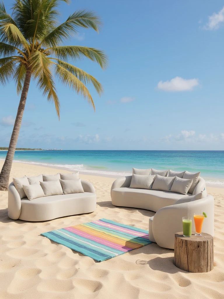 Das Santorini Garten Loungesofa Set (6-Sitzer) steht elegant am Strand, bestehend aus drei cremefarbenen Sofas und einem Baumstumpf-Tisch mit Getränken, ergänzt durch einen farbenfrohen Teppich im mediterranen Stil.