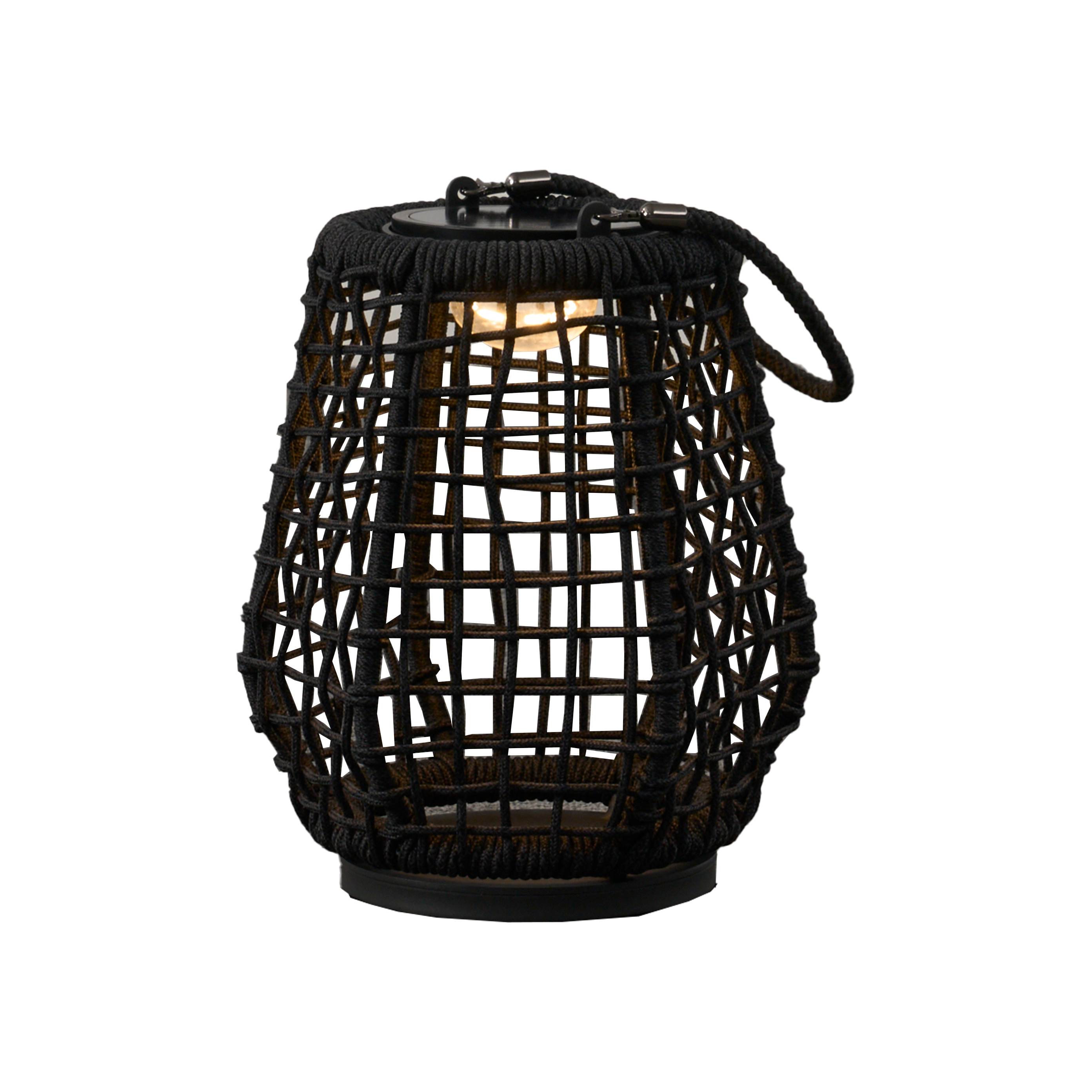 Tomic olefin Rope weaving solar light frame: Eine dekorative Laterne mit schwarzem, geflochtenem Seilrahmen, leuchtender Innenlampe und Schlaufenhenkel, ideal für stilvolle Outdoor-Beleuchtung im skandinavischen Design.