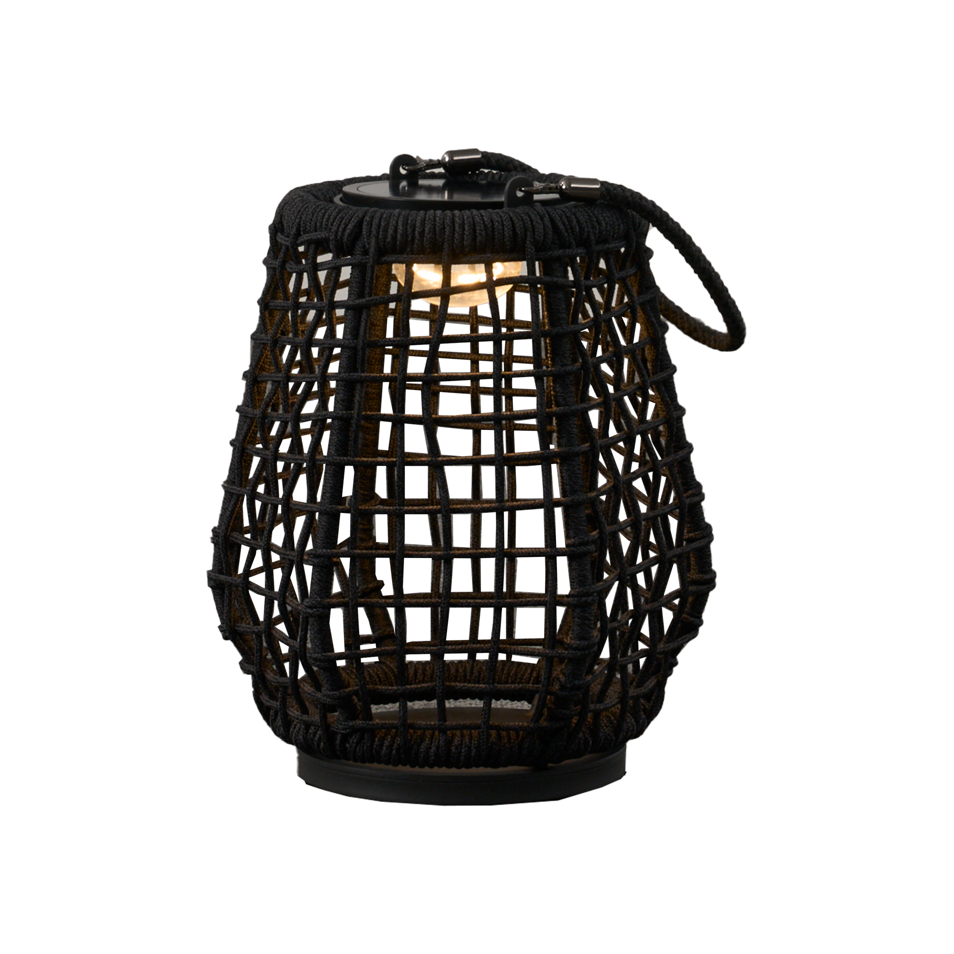 Tomic olefin Rope weaving solar light frame: Eine dekorative Laterne mit schwarzem, geflochtenem Seilrahmen, leuchtender Innenlampe und Schlaufenhenkel, ideal für stilvolle Outdoor-Beleuchtung im skandinavischen Design.
